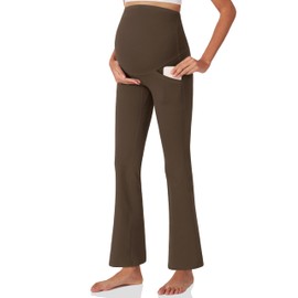 POSHDIVAH Women's Maternity Yoga Pants Work Lounge Stretchy Bootcut Flare Pants Pregnancy Dress Trousers for Business Casual Brown Large