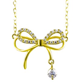 Razzberry Zirconia Bow Pendant Necklace, Womens Girls, 18K Gold Plated 925 Sterling Silver, 45cm Length, Included Gift Pouch (Gold)