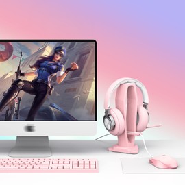 KIWIFOTOS 2-in-1 Headphone Stand for Girls, PC Gaming Headset Holder, Headphone Stand with Mouse Bungee, Desktop Headphone Hanger, Gaming Accessories - Pink