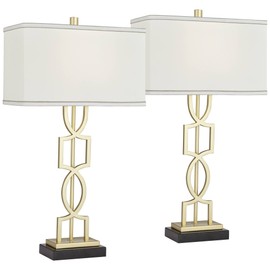 360 Lighting Evan Modern Table Lamps 28 1/4" Tall Set of 2 Gold Metal Geometric Frame White Curved Rectangular Shade for Living Room Bedroom House Bedside Nightstand Home Office Family