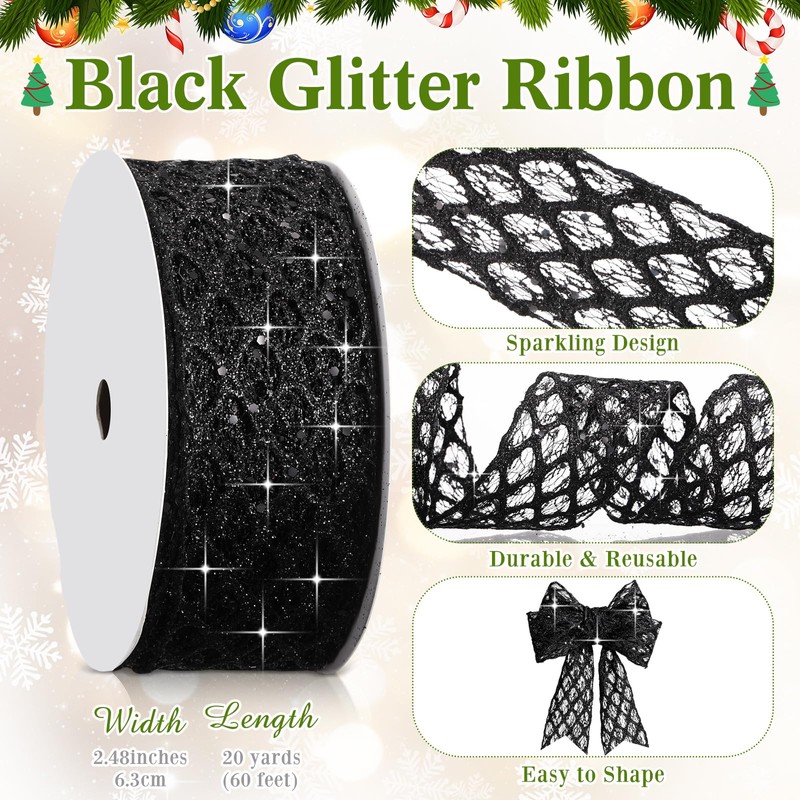 Geosar 20 Yards Black Glitter Mesh Wired Ribbon 2.5 Inch