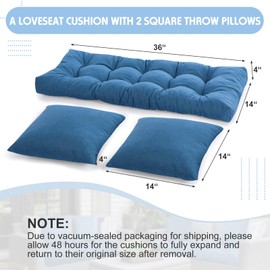 Wenqik 3 Pcs Outdoor Bench Cushion Set Waterproof Tufted Patio Cushion Loveseat Seat Pad with 2 Throw Pillows Memory Foam Settee Bench Pad for Indoor Sofa Wicker Couch Window Seat(36x14 in,Blue)