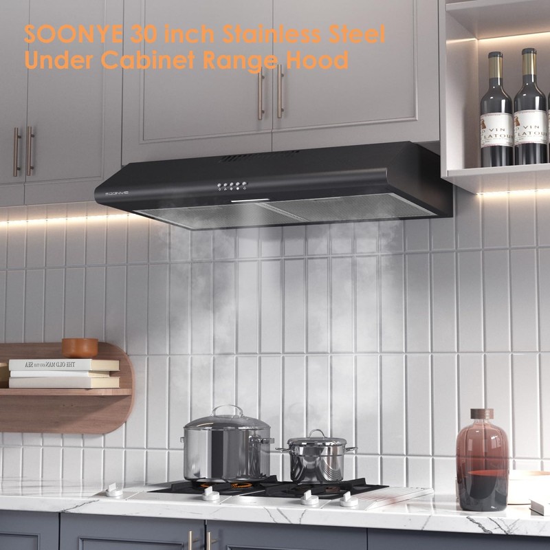 SOONYE 30 inch Black Under Cabinet Range Hood, Stainless Steel