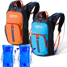 Shinylin 2 Pcs Kids Hydration Backpack with 1.5l Water Bladder Lightweight Kids Hiking Backpack Water Rucksack for Boys Girls Climbing Running(Blue, Orange)