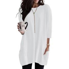 Poetsky Womens Long T-Shirts Maternity Loose Fit Solid Elbow Length Sleeve Long Tunic Tops to Wear with Leggings Boxy Shirts with Pockets for Women White S