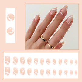 24Pcs Almond False Nails Short, White Elegant French Press on Nails with Wavy Pattern, Stiletto Stick on Nails Removable Nude Design Fake Nail for Women Girls