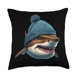 Beanie Knitted Cap Hat Shark Lover Shark Beanie Knit Cap Hat Wool Winter Fall Outdoor Throw Pillow, 18x18, Multicolor