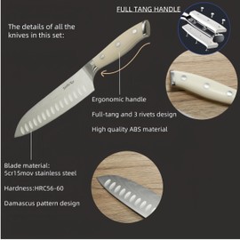 SanheKit 11pcs Knife Set, High Carbon Exclusive German Steel 6 Piece Knife 5cr15mov, 8" Chef's Knife 8" Bread, Carving, Utility, Paring Knives, Kitchen scissors,Full Tang, Ergonomic White Handle