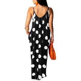HipGlamp Women's Black White Polka Dot Maxi Dress Outdoor Parties Deep V Neck Spaghetti Strap with Pockets Casual Summer Swing Dress -4 Medium
