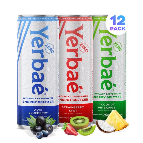 Yerbae Energy Seltzer - Variety Tropical Pack, 0 Sugar, 0 Calories, 0 Carbs, Energized by Yerba Mate, Naturally Caffeinated & Plant-Based, Healthy Alternative to Coffee and Sugary Sodas, 12oz cans (12 Pack)