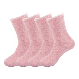 BambooMN Women's Super Soft and Cozy Feather Light Fuzzy Home Socks - Tinkerbell Pink - 4 Pair Value Pack - Size 4-10