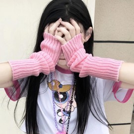 VTTDB Arm covers cute women kawaii japanese harajuku Y2k Arm Warmer for Girls Goth Gloves Fingerless Knitted Arm Sleeve (pink)