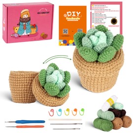 Finnacy Crochet Kit for Beginners Adults,Potted Succulent Plant Crochet Storage Box, All You Need in, Include Crochet Yarns, Hook, Step-by-Step Video, Instruction and Crochet Accessories