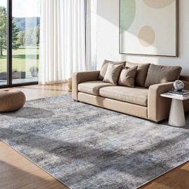Washable Abstract 6x9 Area Rug: Low Pile and Non-Slip Rubber Backing Modern Large Soft Stain-Resistant Carpet for Living Room Bedroom Dining Room Kitchen and Home Office Blue Grey