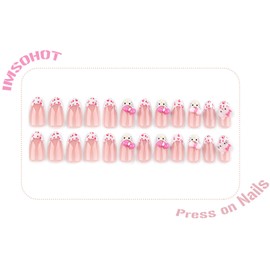 IMSOHOT Press on Nails Medium Almond Fake Nails with Cute Bow Charms Design, Pink Leopard Print French Nail Tips, Acrylic Glossy Stick on False Nails with Nail Glue 24Pcs