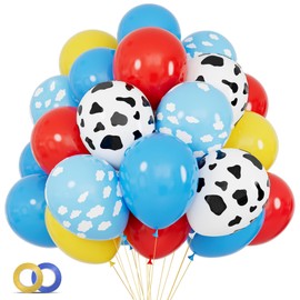 68Pcs Red Yellow Blue Toy Balloons 12 Inch Light Blue Cloud Cow Print Balloons for Baby's Birthday Story and Football Party Themed Decorations
