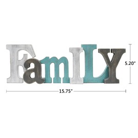 Morning View Wooden Family Sign Decorative Hanging Word Signs Table Top Cutout Block Letters Standing Family Letter Sign Wall Decor for Living Room Home Decor Shelf Mantel (Aqua)
