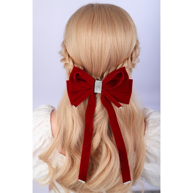 Jumwrit Red Velvet Hair Bow Clip Sparkly Rhinestone Bowknot Long