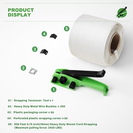 Vteilas Banding Strapping Kit Pallet Packaging Tool, Strapping Tensioner Tool, 3/4" x 656' Heavy Duty Woven Cord (2420 LBS Break Strength), 200 Metal Wire Buckles, and 100 Plastic Packaging Corner