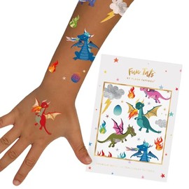 Flash Tattoos Pack de Tatuajes Temporales de Dragones para Niños | 36 Tatuajes Infantiles | Tatuajes Metálicos | Artículos para Fiestas de Cumpleaños | Recuerdos de Fiesta de Dragones, Disfraz de Drag