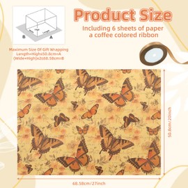 Vintage Style Boho Sunflower Butterfly Dragonfly Beetle Floral Wrapping Paper with 22m Silk Ribbon 6 Sheets 50x70cm Wrapping Paper for Spring Summer Bridal Shower Birthday