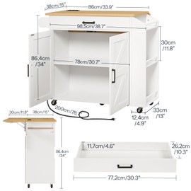 HOOBRO Kitchen Island with Drop Leaf Countertop & Power Outlet, Rolling Island Cart on Wheels, Kitchen Cart with Drawer & Spice Rack, Mobile Island Table for Kitchen, White and Natural WN86UZD01