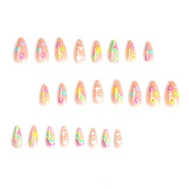 Almond Press on Nails Medium Length Fake Nails Press ons White Clouds Color Lines Star Flower Glue on Nails Nude Full Cover Stick on Nails Glossy Artificial Acrylic Nails for Girls 24Pcs