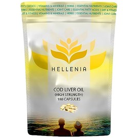 Hellenia Cod Liver Oil Capsules High Strength 1000mg | 180 Fish Oil Capsules - 6 Month Supply | Rich Source of Omega 3 Essential Fatty Acids