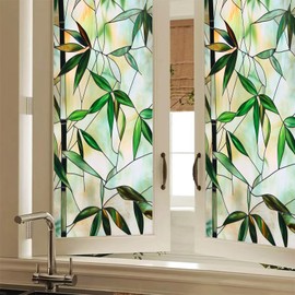 HOMETITUTE Green Leaf Window Privacy Film Bamboo Stained Glass Privacy Stained Glass Window Film Decorative Living Room Sun Blocking Decor Removable Static Cling Sticker 17.71x39.97inch