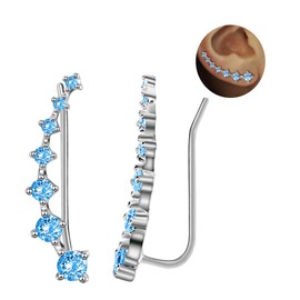 7 Crystals Ear Cuffs Hoop Climber S925 Sterling Silver Earrings Hypoallergenic Earring (Blue)