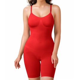 BRABIC Red Bodysuit for Women Tummy Control Shapewear Bodysuit Seamless Butt Lifter Faja Full Body Shaper (Large, Red Mid Thigh)