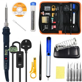 TriLine 80W Display Soldering Iron Kit Adjustable Temperature Welding Tool, ON/Off Switch, 5 Extra Tips, Desoldering Pump, Solder Wire, Wire Stripper Cutter, Tweezer, Solder Wick, Ceramic heater,Stand