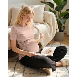 Ficerd 3 Pack Women's Maternity T-Shirts, Short Sleeve Cotton Maternity Tops Comfy Crew Neck Side Ruched Pregnancy Clothes(Black, Haze Blue, Khaki,Large)