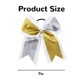 8PCS Large Glitter Cheer Bows Sparkly Cheerleading Bow Hair Ponytail Holder Accessories Elastic Band Hair Tie for Cheerleading Girls Team Sports (Gold/Silver/White)