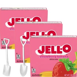 Jell-∅ Gelatin Dessert Mix - 3 oz Boxes (Pack of 3) - With Mini Shovel Spoons (Strawberry Banana) - Metal Spoons