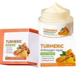 Turmeric Soap Bar and Turmeric Face Cream Set for Face & Body, 2 Pcs Turmeric Skin Care Set,Skin Even Tone Hyperpigmentation Skincare Set with Turmeric Soap & Moisturizer Face Cream for All Skin Type