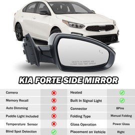 Right Passenger Side Mirror Fits 2019 2020 2021 2022 2023 KIA Forte Mirrors with Power Glass Heated Turn Signal Blind Spot Detection Manual Folding Black (8Pins)