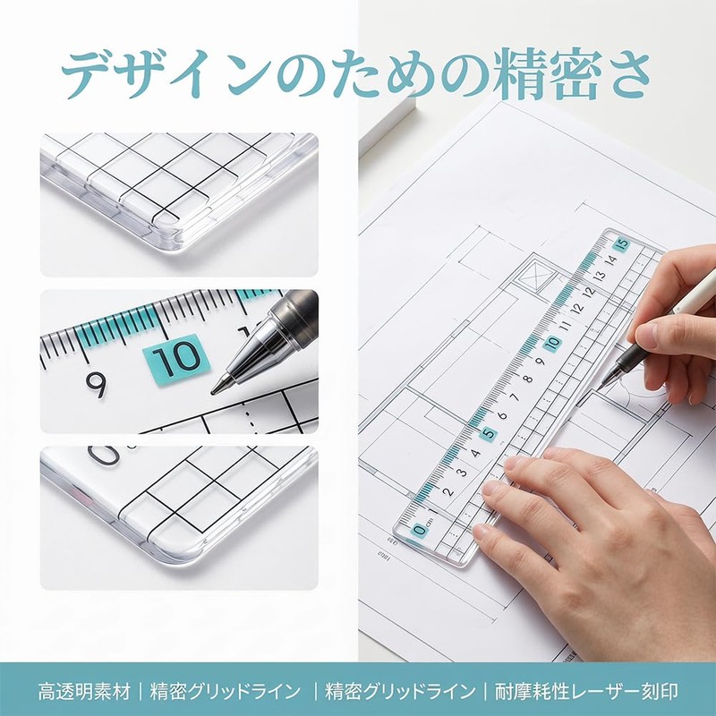 NIHOOOOH Ruler, 5.9 inches (15 cm), Elementary School Ruler, Transparent