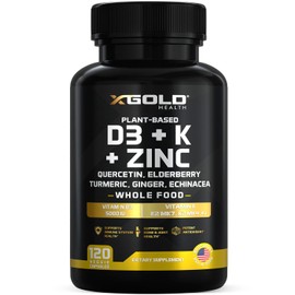 Vitamin D, K2, K1, Zinc, Quercetin, Elderberry, Turmeric, Ginger & Echinacea Whole Food Supplement 8 in 1- D3 5000 IU Plant-Based from Lichen, Vitamin K (K2 MK7, MK4, K1), D3 K2 Vitamins -120 Capsules