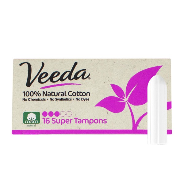 Veeda GMO-Free 100% Natural Cotton Applicator-Free Compact Super Tampons, Chlorine, Toxin, Pesticide, Fragrance, Synthetics and Dye Free, Unscented, 16 Count (Pack of 20), Purple