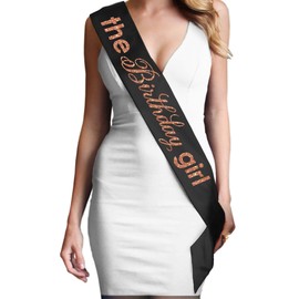 Birthday Girl Sash - Rose Gold Glitter The Birthday Girl Premium Grade Satin Sash - Birthday Party Outfit - Black