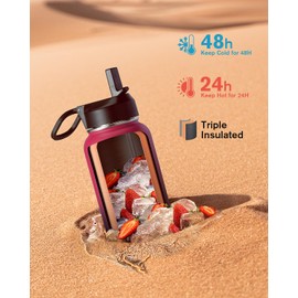 Water Bottle 32 oz Insulated with Straw, Coolflask Stainless Steel Metal 3 Lids Water Flask Wide Mouth for Sports or Office, Non-BPA Keep Cold Up to 48 Hrs or Hot Up to 24 Hrs, Ombre Wine/Navy