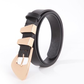 KONQUWA Women Leather Belt for Jeans Pants Casual Work Fashion Ladies Skinny Dress Waist Belt with Gold Buckle (Black/Gold Buckle,32″-38″)