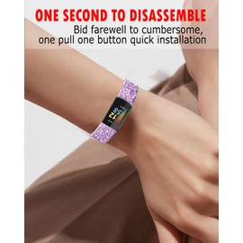 PLKTJOSA Compatible with Charge 6/Charge 5 WatchBands for Women Men,Elastic Adjustable Wristbands,Breathable Sport Band Soft Waterproof Health Tracker(Light Purple Glittering)