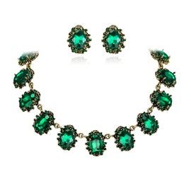 Clearine Victorian Style Statement Necklace Pierced Earrings Jewellery Set for Women Crystal Floral Cameo Inspired Oval Party Prom Jewelry Emerald Antique-Gold-Tone