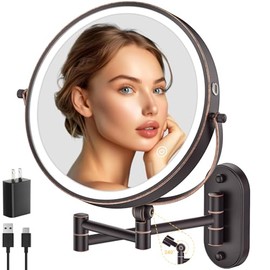 IMIKONA 9" Wall Mounted Lighted Makeup Mirror,4000mAh Rechargeable Double Sided 1X/10X Magnifying Mirror with Light,3 Color Lights,Touch Dimmable,Extended Arm 360 Rotation Wall Mounted Makeup Mirror