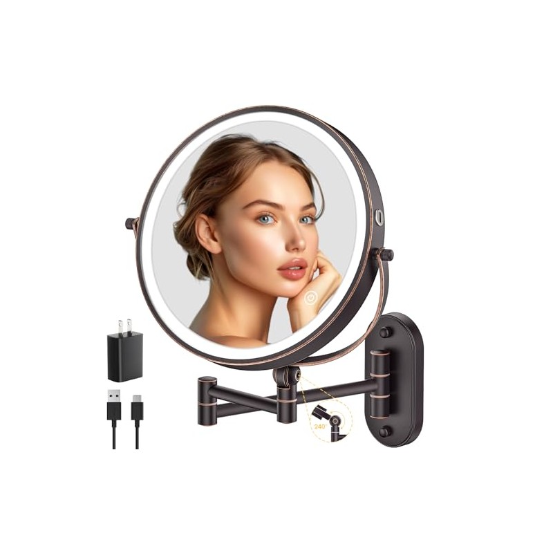 IMIKONA 9" Wall Mounted Lighted Makeup Mirror,4000mAh Rechargeable Double Sided