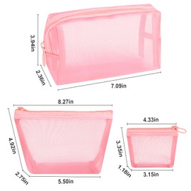 Aosbos - Bolsa de maquillaje de malla de 3 piezas, bolsa de cosméticos con cierre, bolsa de viaje de malla, bolsa de viaje organizadora, bolsa portátil de malla para artículos de cambiador para el hogar, oficina, accesorios de viaje, 3 tamaños, Rosado