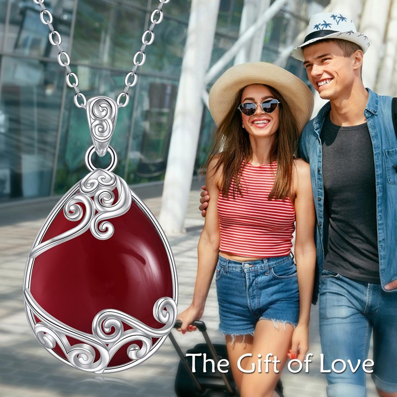 YAFEINI 925 Sterling Silver Red Agate Necklace Filigree Teardrop Pendant