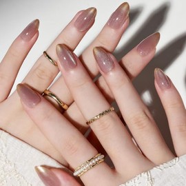 GLAMERMAID Uñas postizas de gel suave y brillante estilo francés dorado, 30 piezas de uñas postizas con efecto ojo de gato ovaladas degradadas, adhesi
